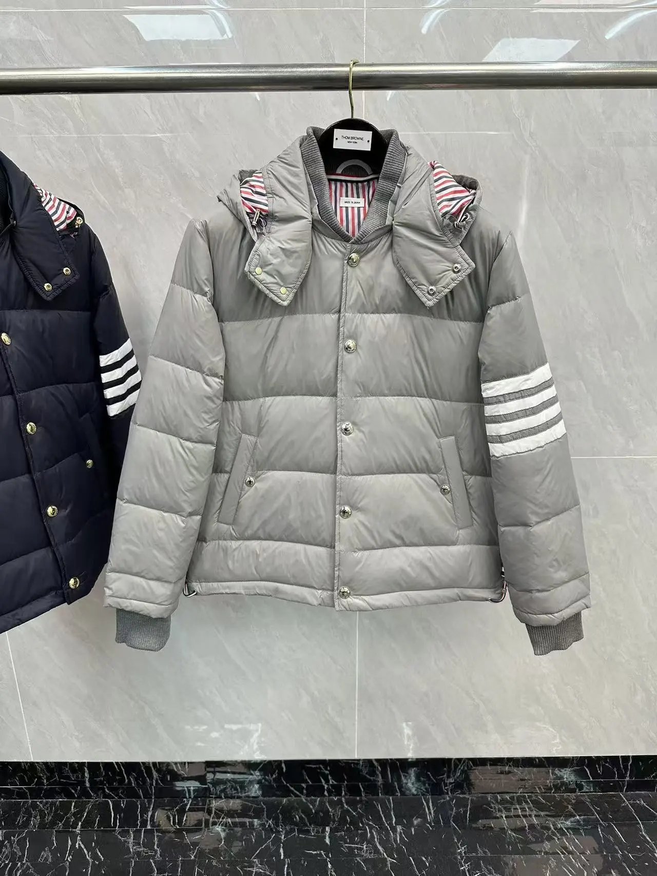 Thom Browne Down Jacket Gray with Four-Bar Stripe Sleeve and Hood - 1