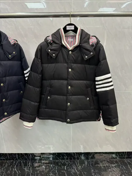Thom Browne Down Jacket Gray with Four-Bar Stripe Sleeve and Hood - 22