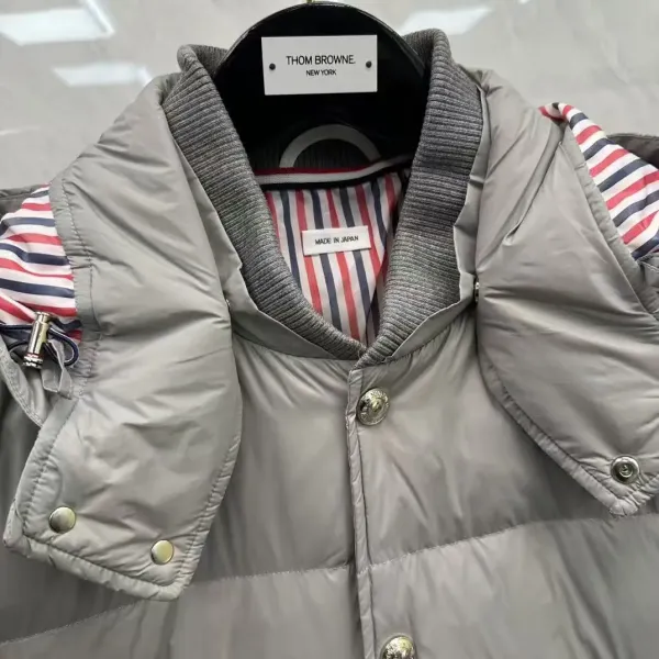 Thom Browne Down Jacket Gray with Four-Bar Stripe Sleeve and Hood - 6
