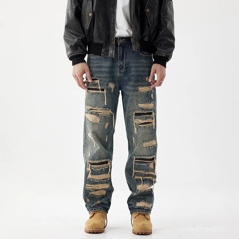 Patched Ripped Wide Leg Jeans