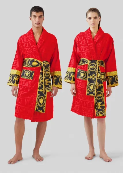 Versace Medusa Baroque Print Red Terry Cloth Bathrobe - 1