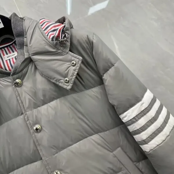 Thom Browne Down Jacket Gray with Four-Bar Stripe Sleeve and Hood - 7