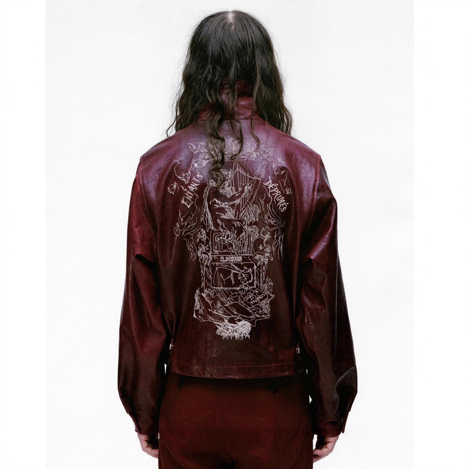 Embroidered Cropped Leather Jacket