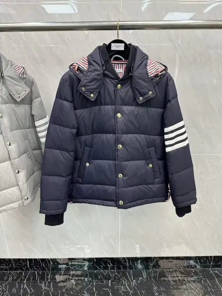 Thom Browne Down Jacket Gray with Four-Bar Stripe Sleeve and Hood - 14