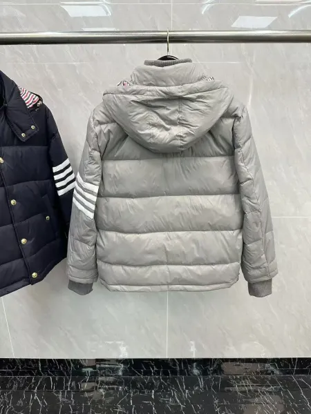 Thom Browne Down Jacket Gray with Four-Bar Stripe Sleeve and Hood - 13