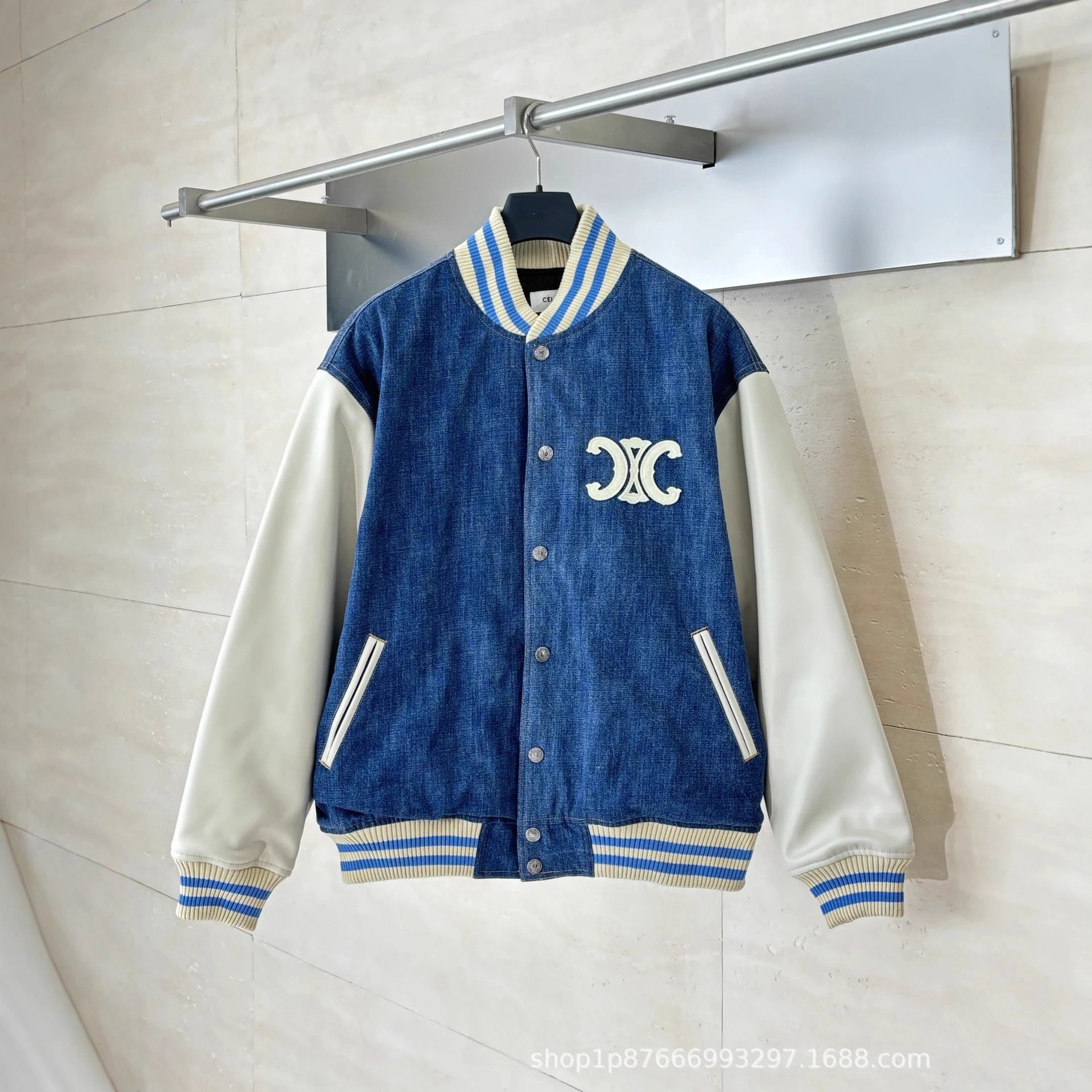 Washed Denim Patchwork Baseball Jacket photo 2