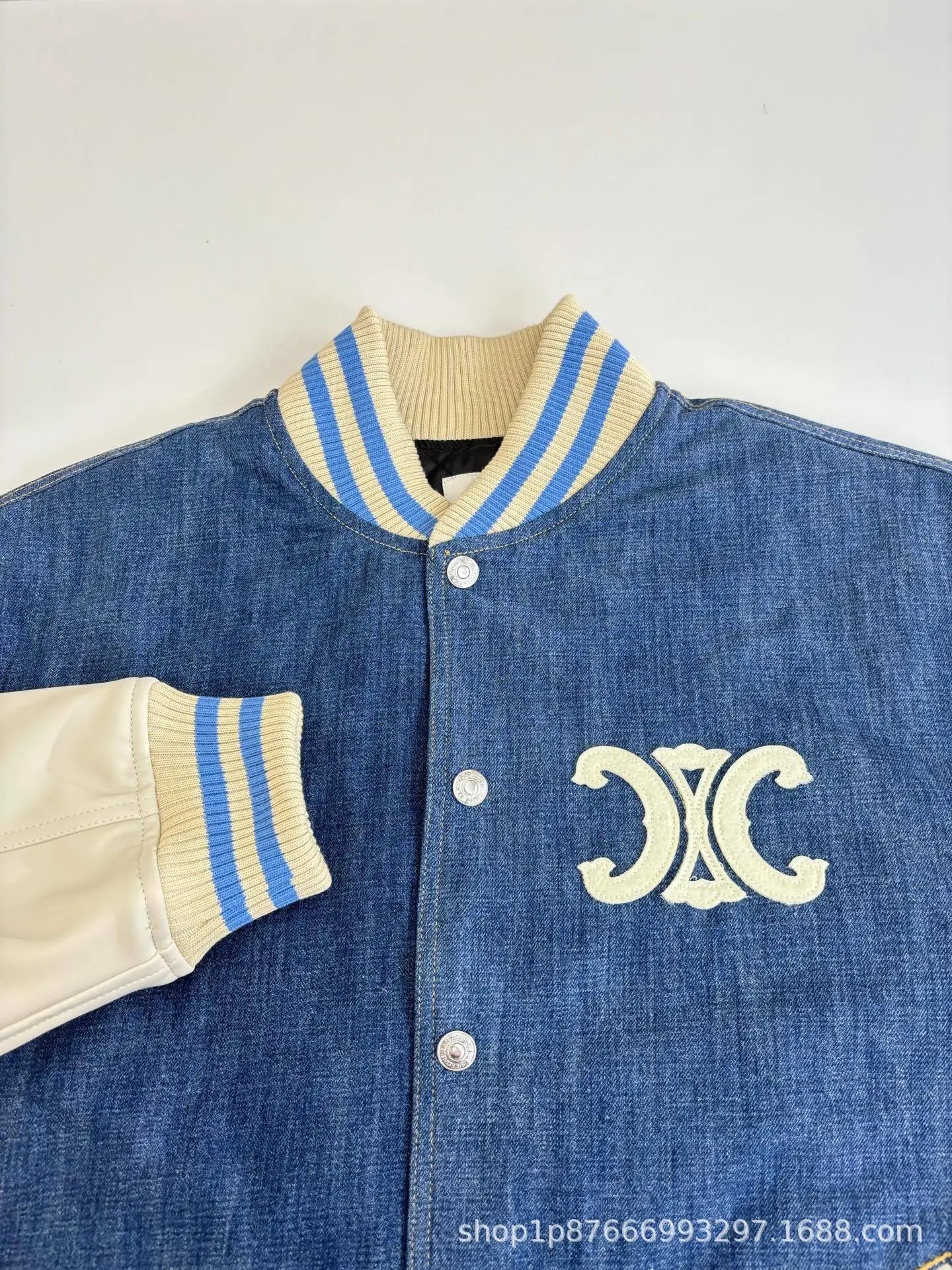 Washed Denim Patchwork Baseball Jacket photo 7