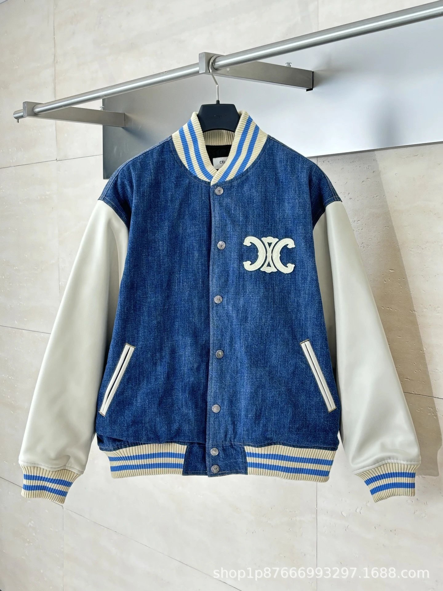 Washed Denim Patchwork Baseball Jacket photo 5