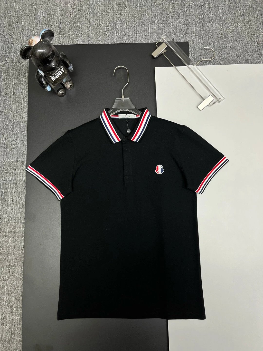 Moncler Logo-Embroidered Navy Polo with Tricolor Trim Tops Polo - 12