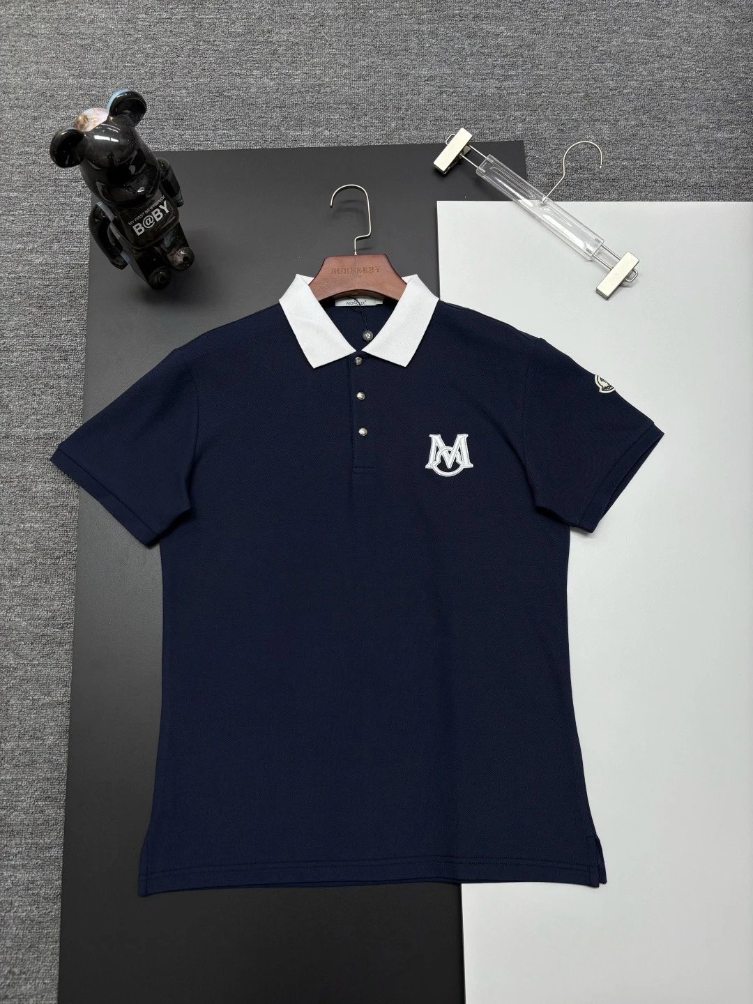 Moncler Logo-Embroidered Navy Polo with Tricolor Trim Tops Polo - 6