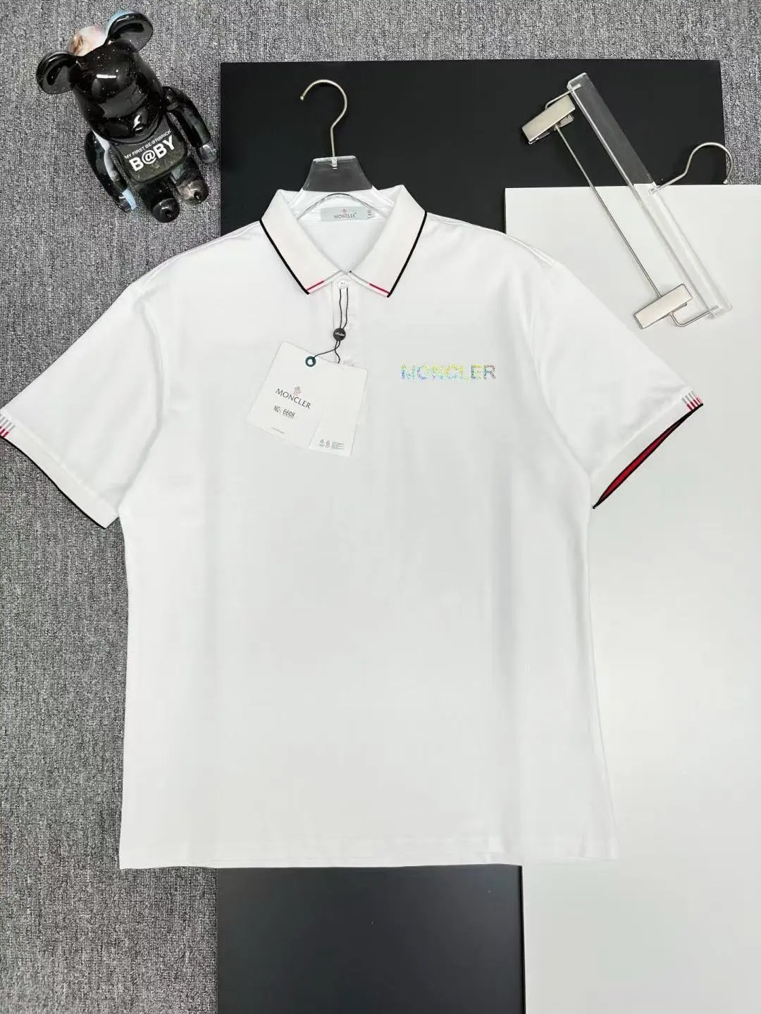 Moncler Logo-Embroidered Navy Polo with Tricolor Trim Tops Polo - 17