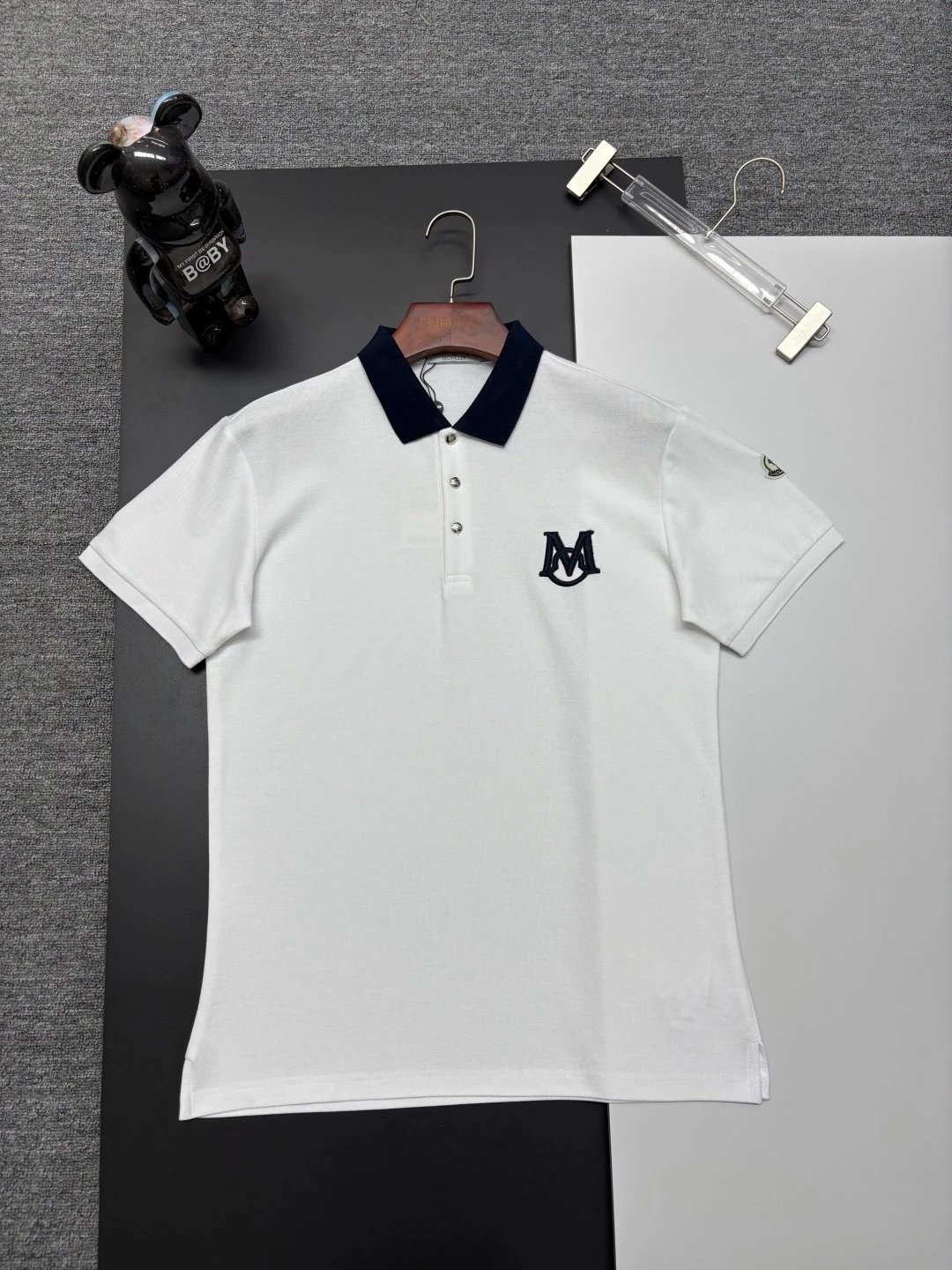 Moncler Logo-Embroidered Navy Polo with Tricolor Trim Tops Polo - 4
