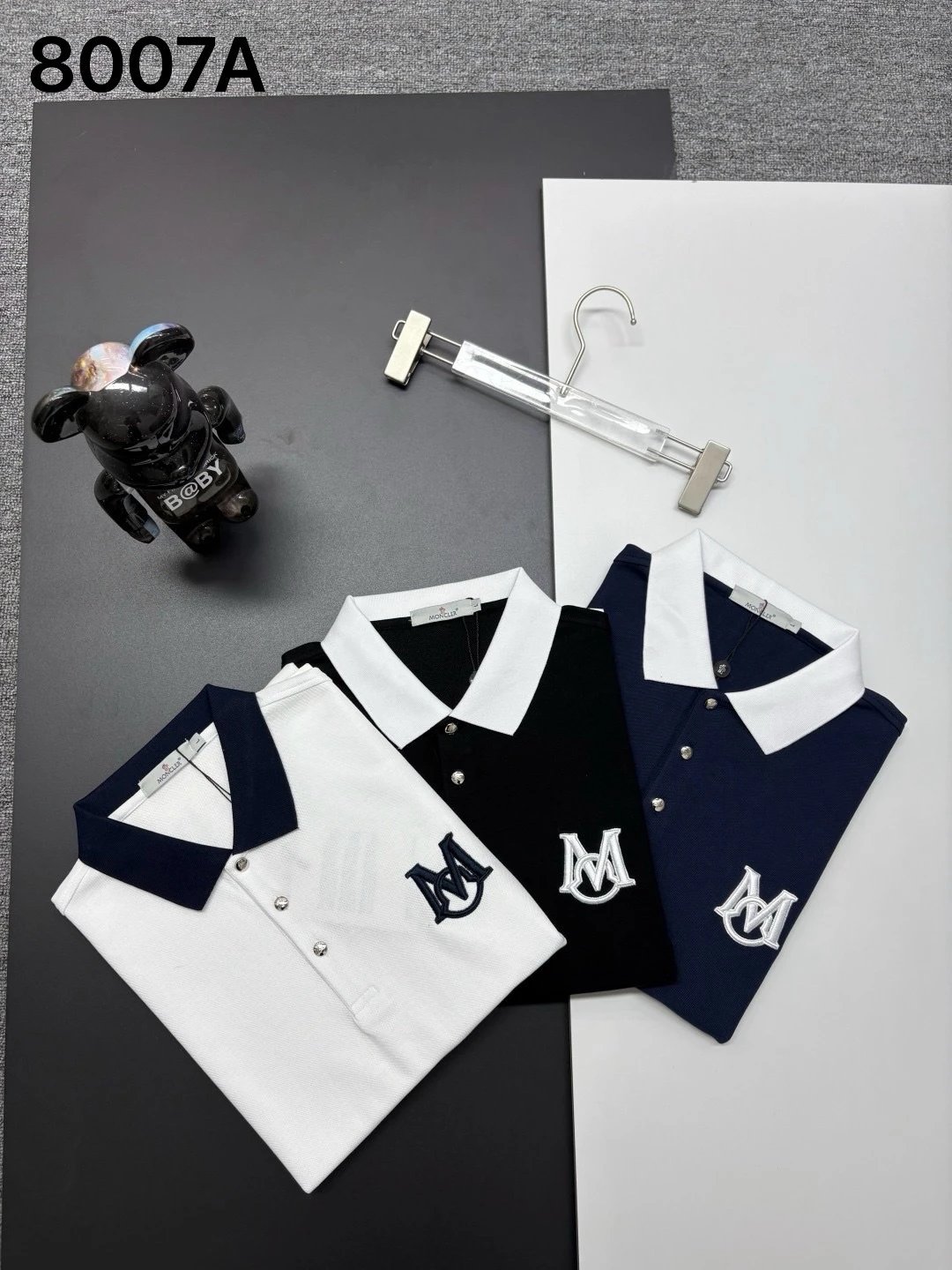 Moncler Logo-Embroidered Navy Polo with Tricolor Trim Tops Polo - 3