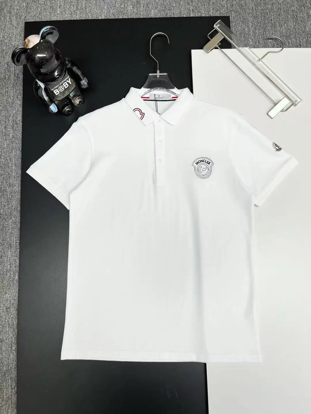 Moncler Logo-Embroidered Navy Polo with Tricolor Trim Tops Polo - 8