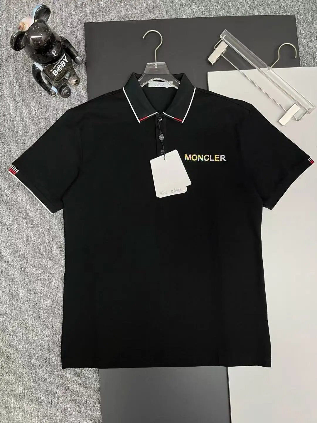 Moncler Logo-Embroidered Navy Polo with Tricolor Trim Tops Polo - 16