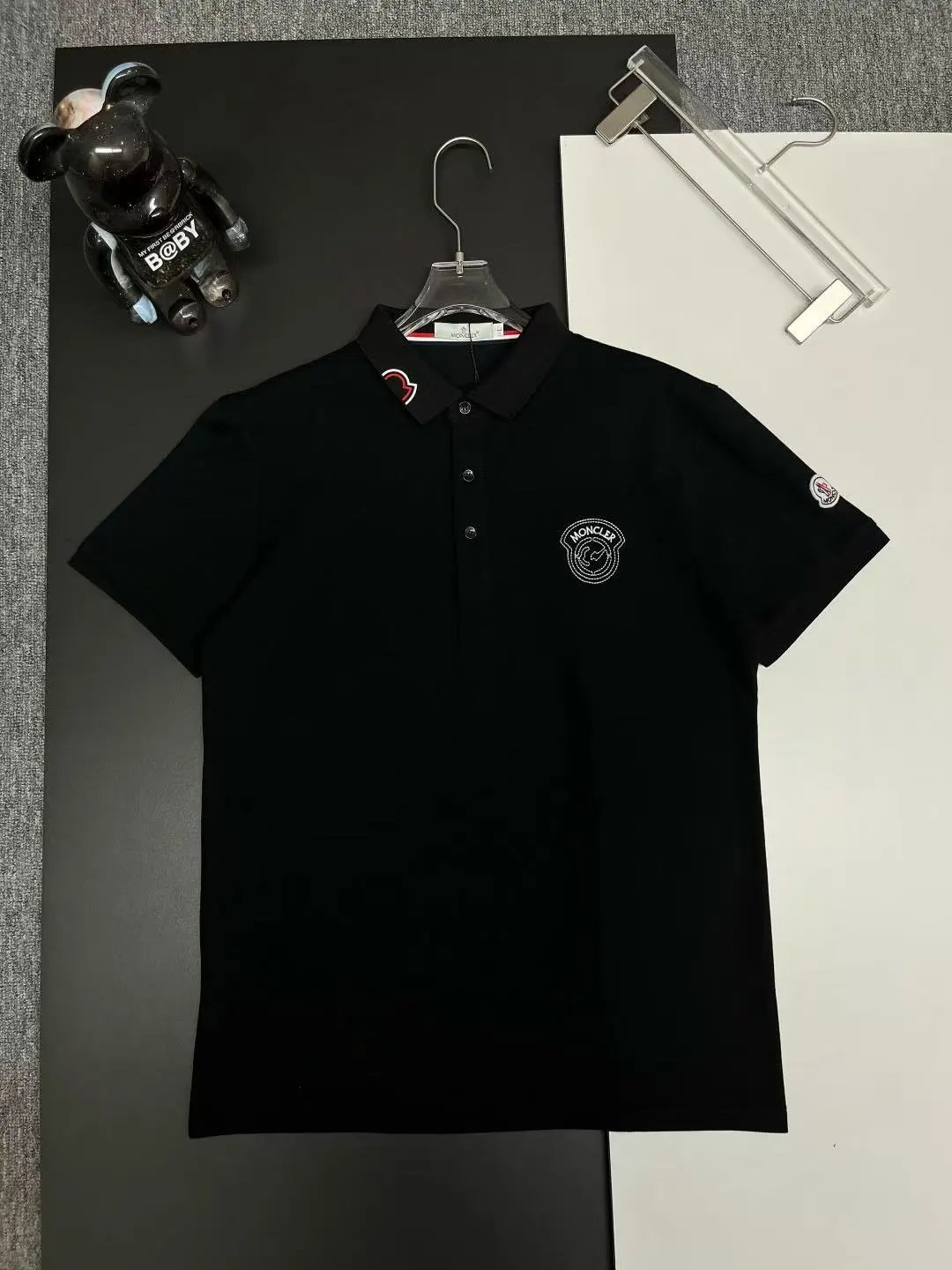 Moncler Logo-Embroidered Navy Polo with Tricolor Trim Tops Polo - 9
