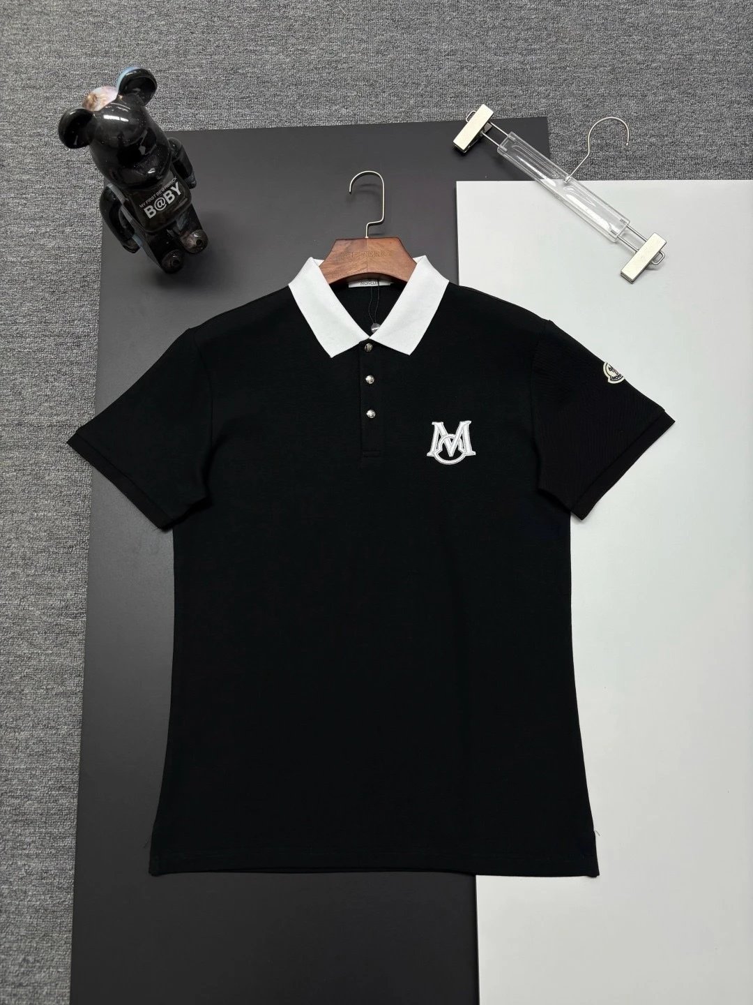 Moncler Logo-Embroidered Navy Polo with Tricolor Trim Tops Polo - 5