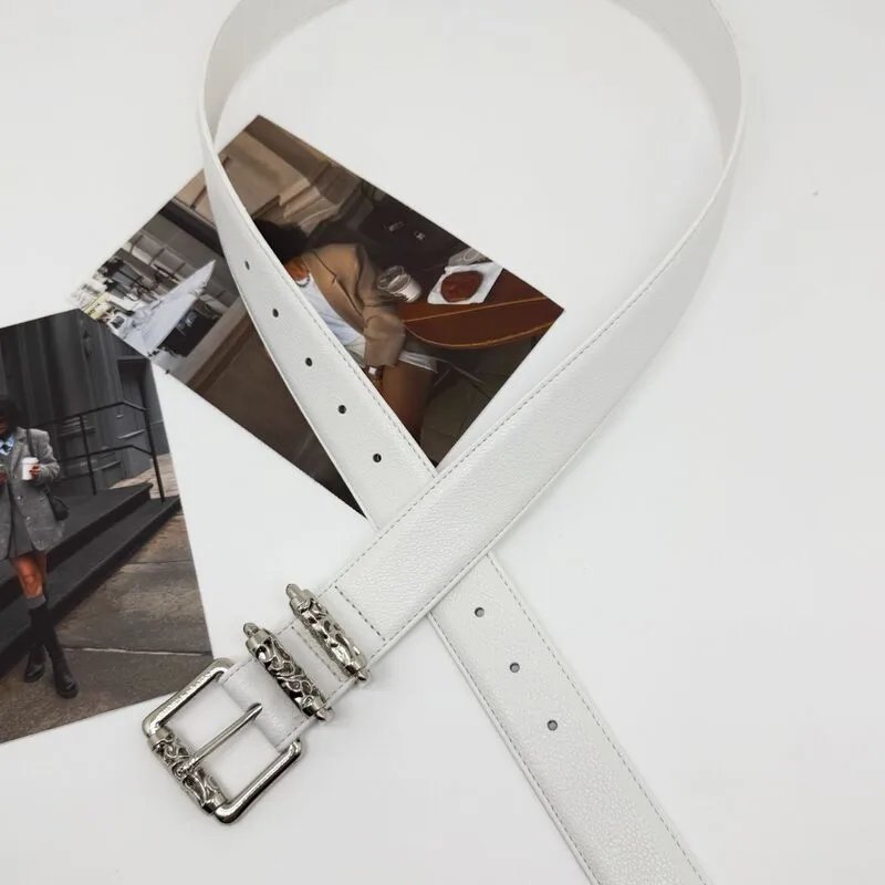 Classic Buckle White Leather Belt for Men and Women Hipster Rolled Leather Waist Belt Luxury Casual Pants Belt Fashion Versatile