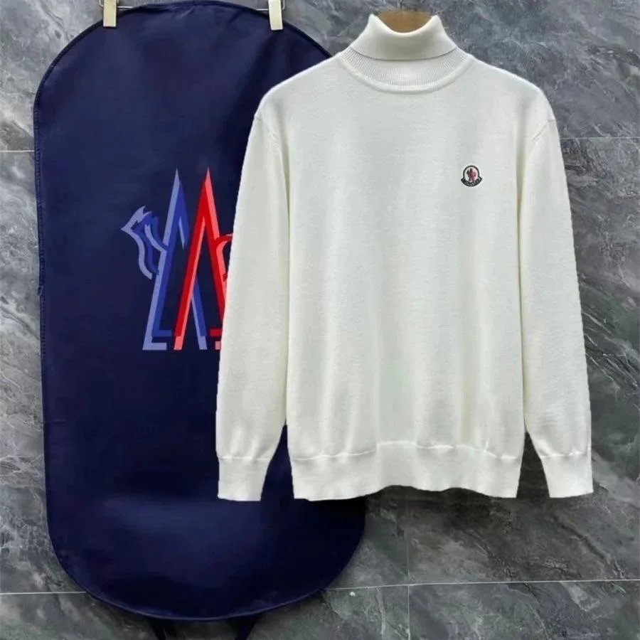 Moncler Knitwear Logo-Patch Crewneck Knit Sweater — 03-White (Turtleneck)