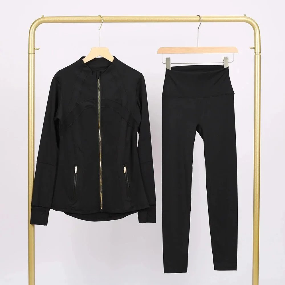 Alo Matching Sets Contrast-trim camisole top and wrap skirt set — Black jacket with gold zipper and cropped pants set