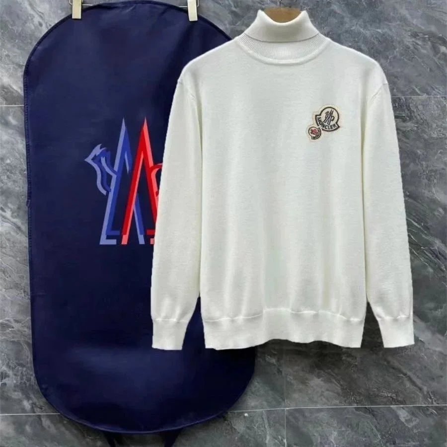 Moncler Knitwear Logo-Patch Crewneck Knit Sweater — 02-White (Turtleneck)