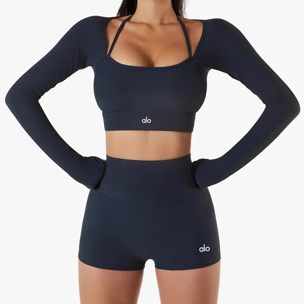 Alo Matching Sets Ribbed long-sleeve crop top and high-waisted shorts set — Badge Blue Thread-Top