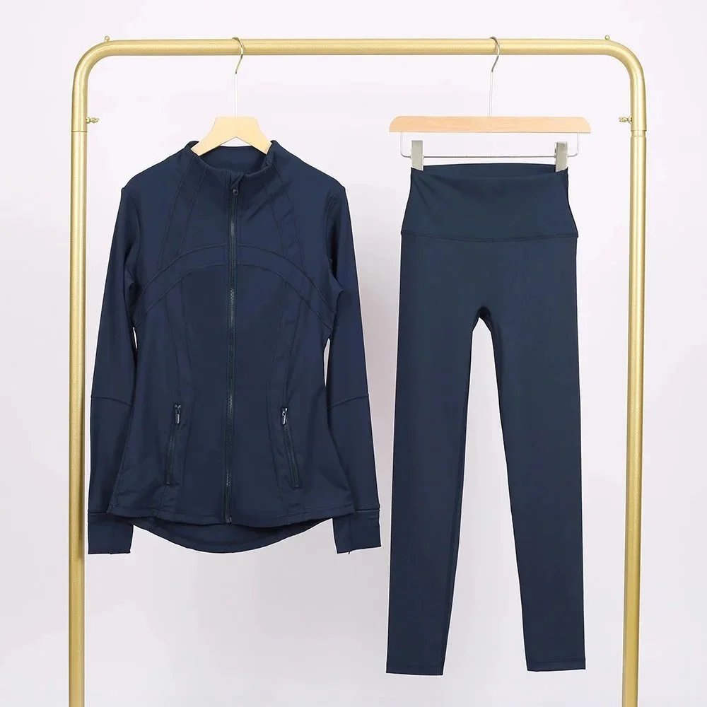 Alo Matching Sets Contrast-trim camisole top and wrap skirt set — Navy blue jacket and cropped pants set