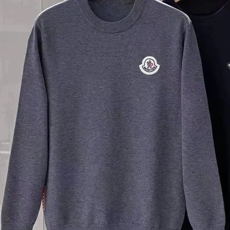 Moncler Knitwear Logo-Patch Crewneck Knit Sweater — 05-Dark Gray