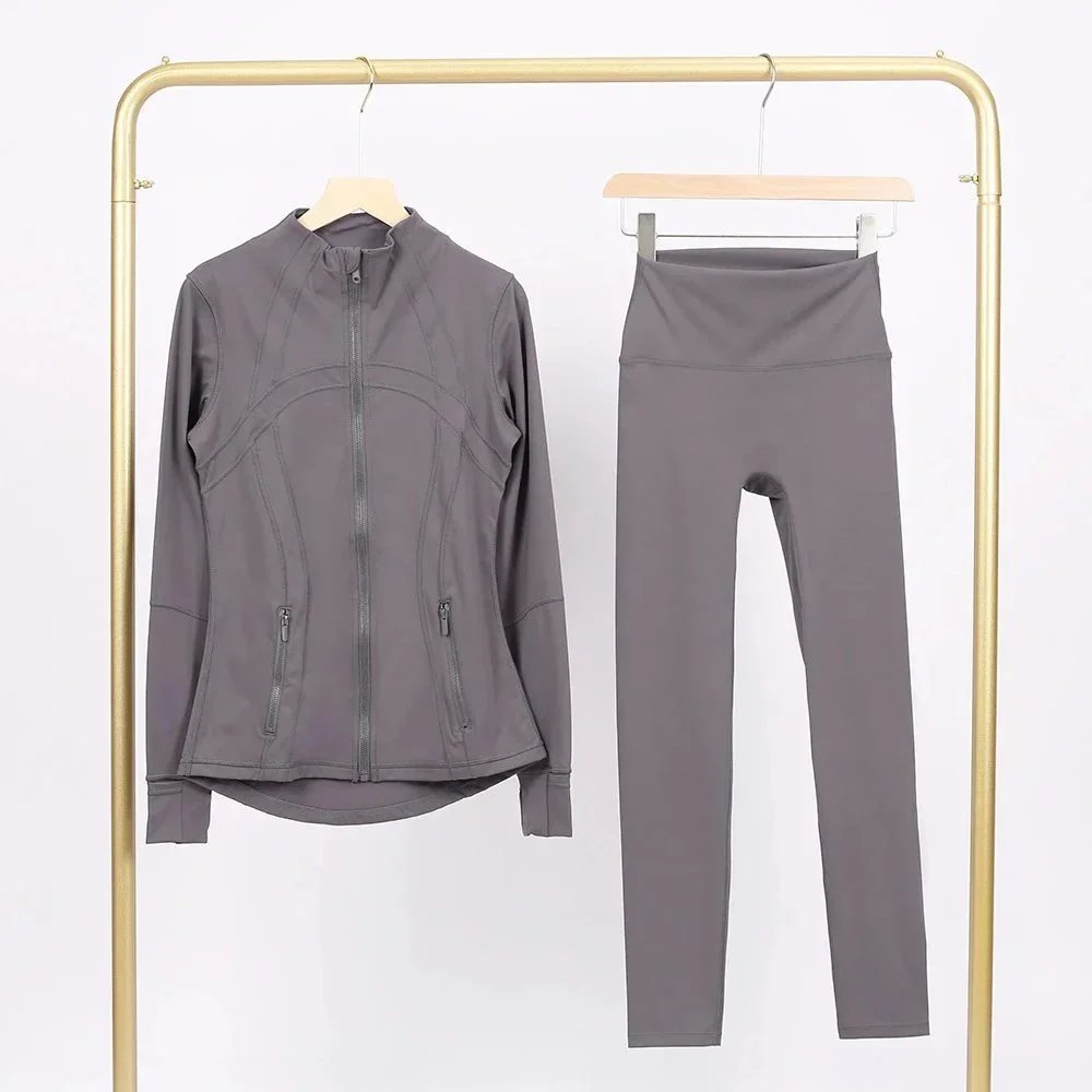 Alo Matching Sets Contrast-trim camisole top and wrap skirt set — Light-linked gray jacket and cropped pants set