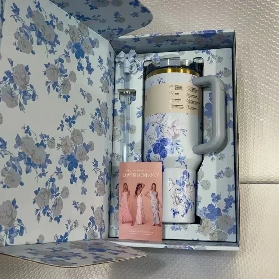 Stanley Uncategorized Quencher H2.0 40 oz Tumbler — Blue Gift Box with Floral Design
