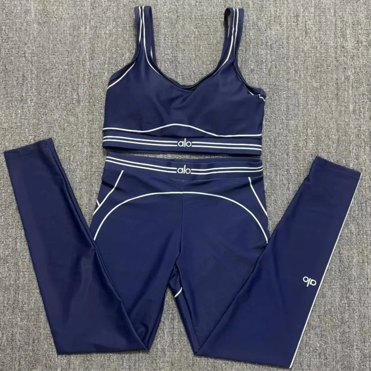 Alo Matching Sets Ribbed long-sleeve crop top and high-waisted shorts set — Blue [Set: Top and Pants]