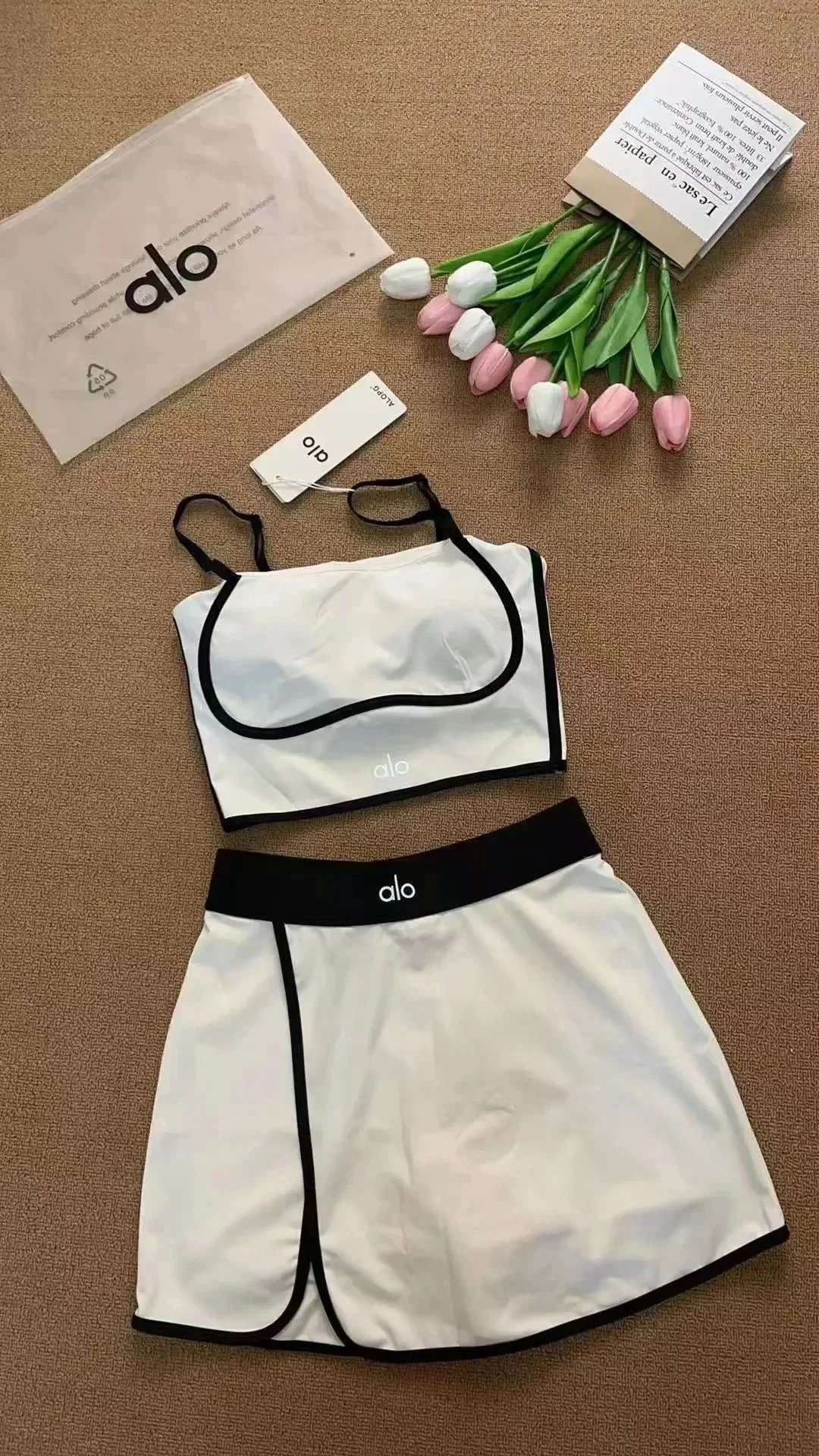 Alo Matching Sets Contrast-trim camisole top and wrap skirt set — al black suit