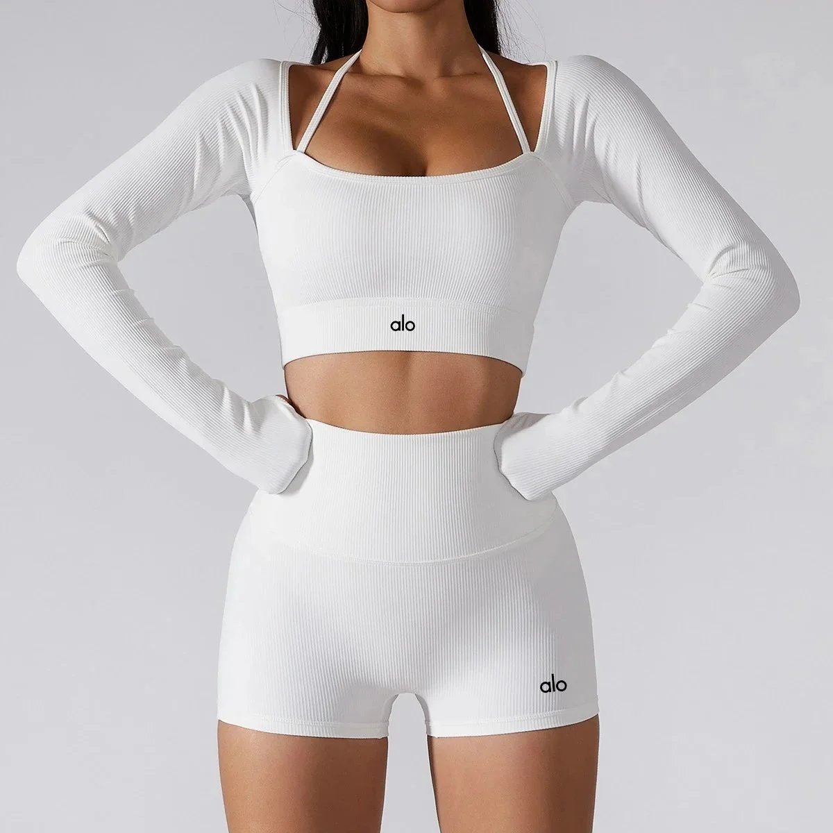 Alo Matching Sets Ribbed long-sleeve crop top and high-waisted shorts set — White ribbed top