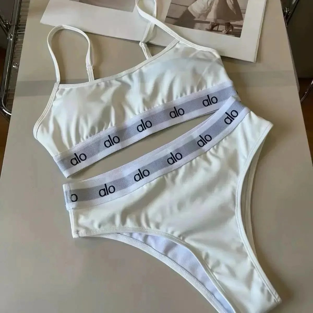 Alo Matching Sets Ribbed long-sleeve crop top and high-waisted shorts set — Bikini – off-white