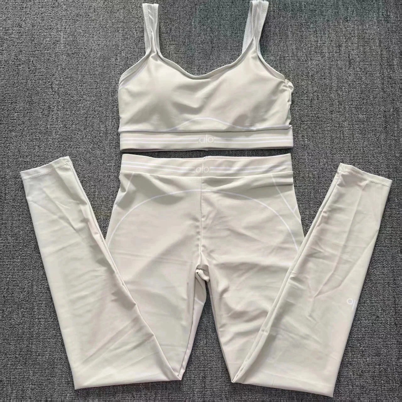 Alo Matching Sets Ribbed long-sleeve crop top and high-waisted shorts set — Off-white [Set: Top and Pants]