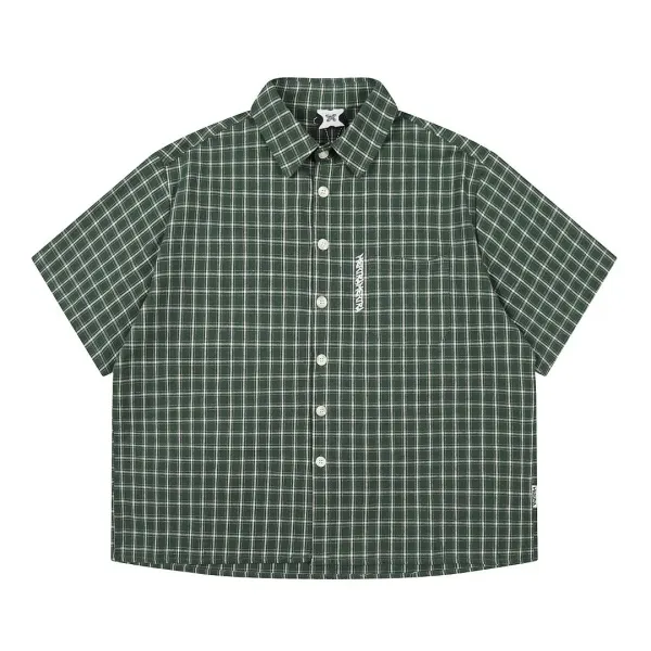 Design Short-Sleeve Grid Check Shirt Army Green Tops Shirt - 1