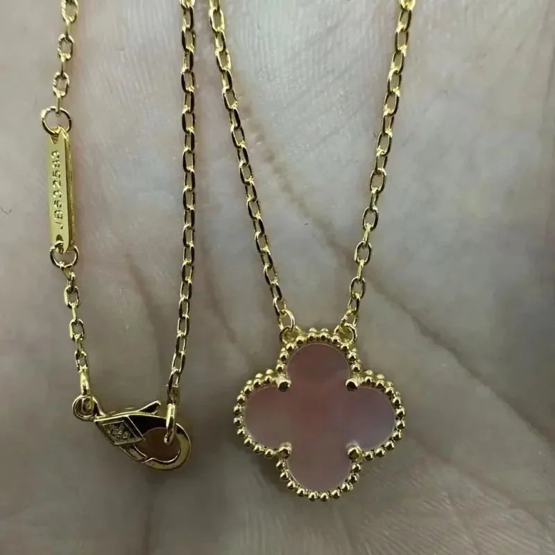 Unbranded Jewelry Floral Butterfly and Leaf Charm Necklace — Golden-colored [Pink Mother-of-Pearl] Necklace