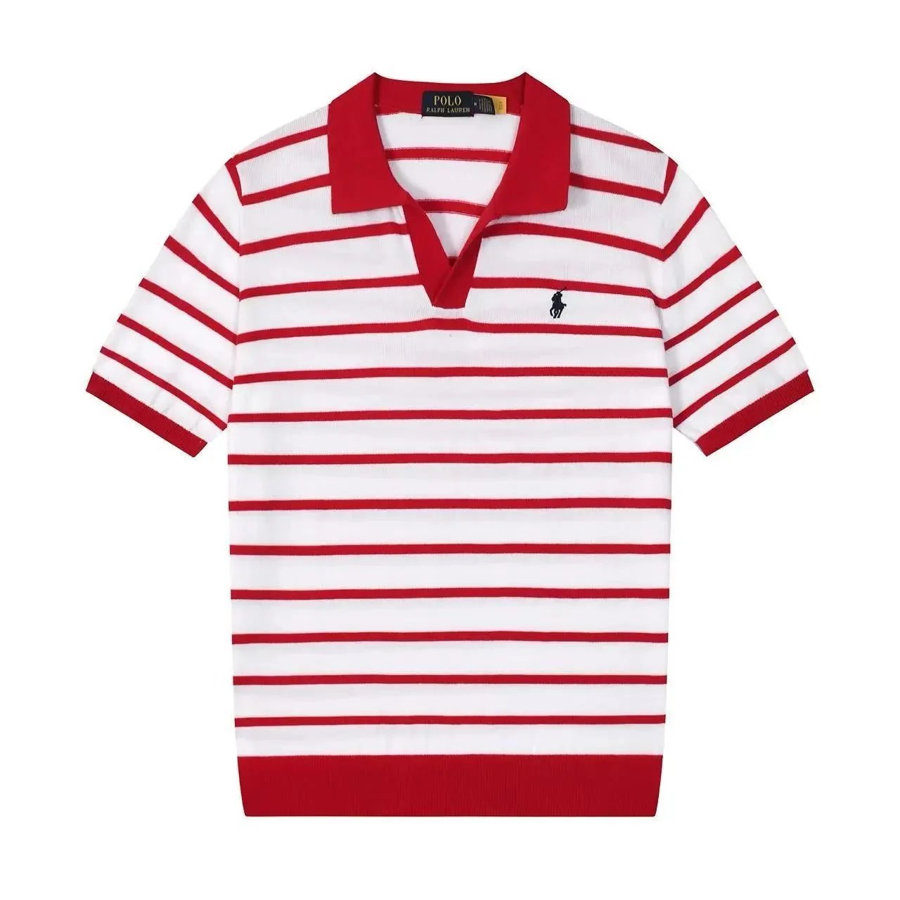 Polo Ralph Lauren Knitwear Short-sleeve knit shirt with embroidered pony logo — 631 striped red