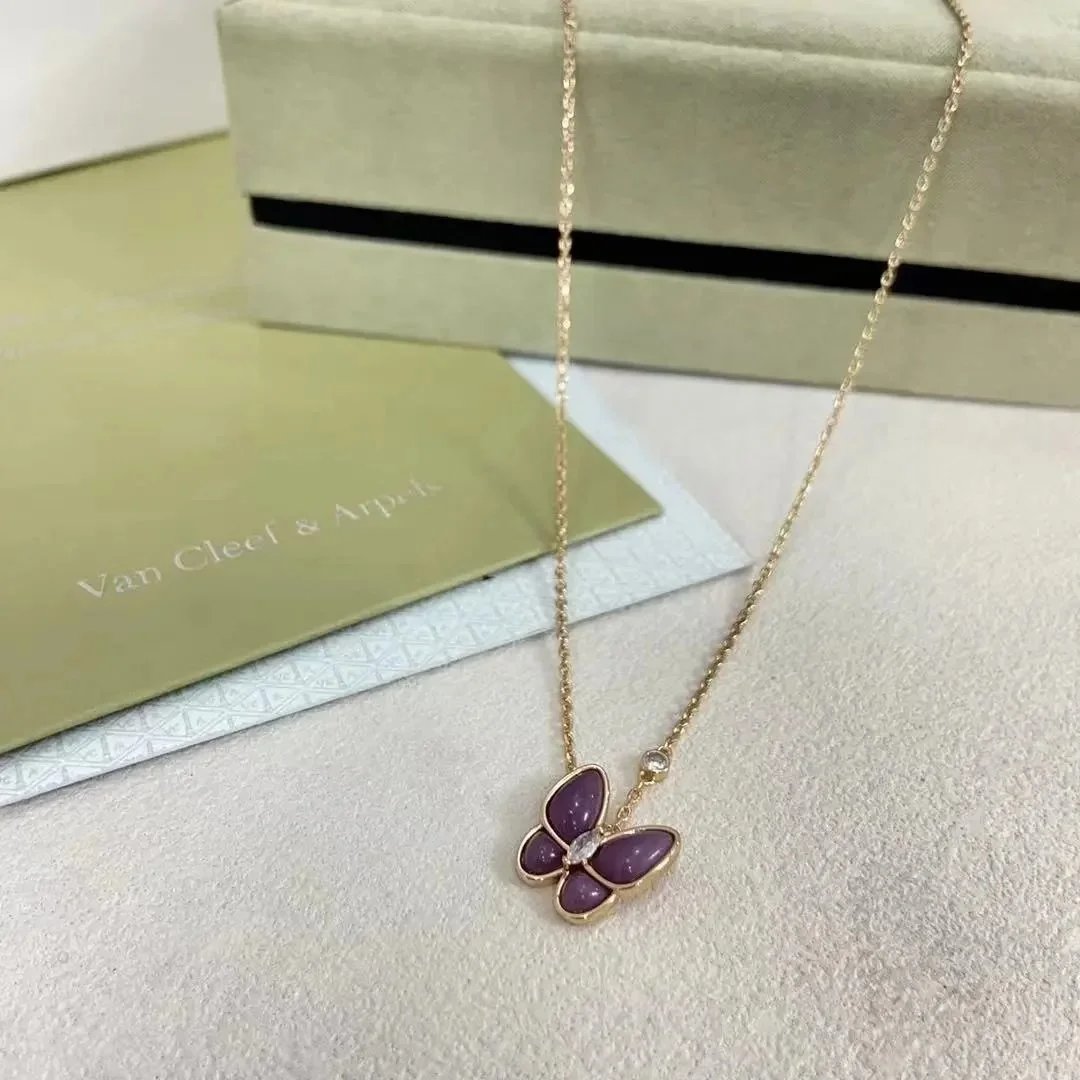 Unbranded Jewelry Floral Butterfly and Leaf Charm Necklace — Purple Dendrobium Butterfly (Necklace)