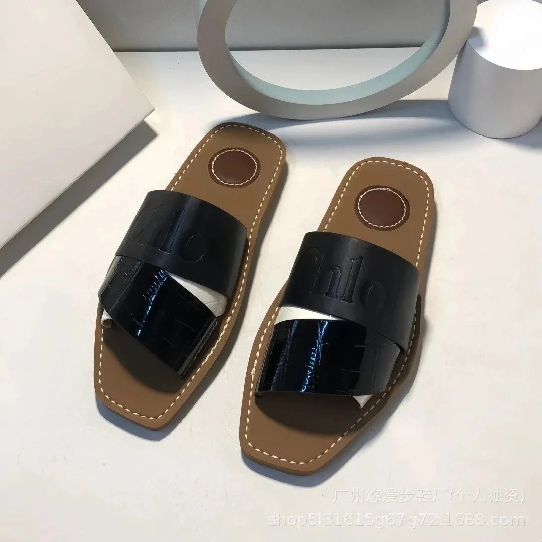 Unbranded Sandals Square-Toe Double-Strap Slide — Leather surface black