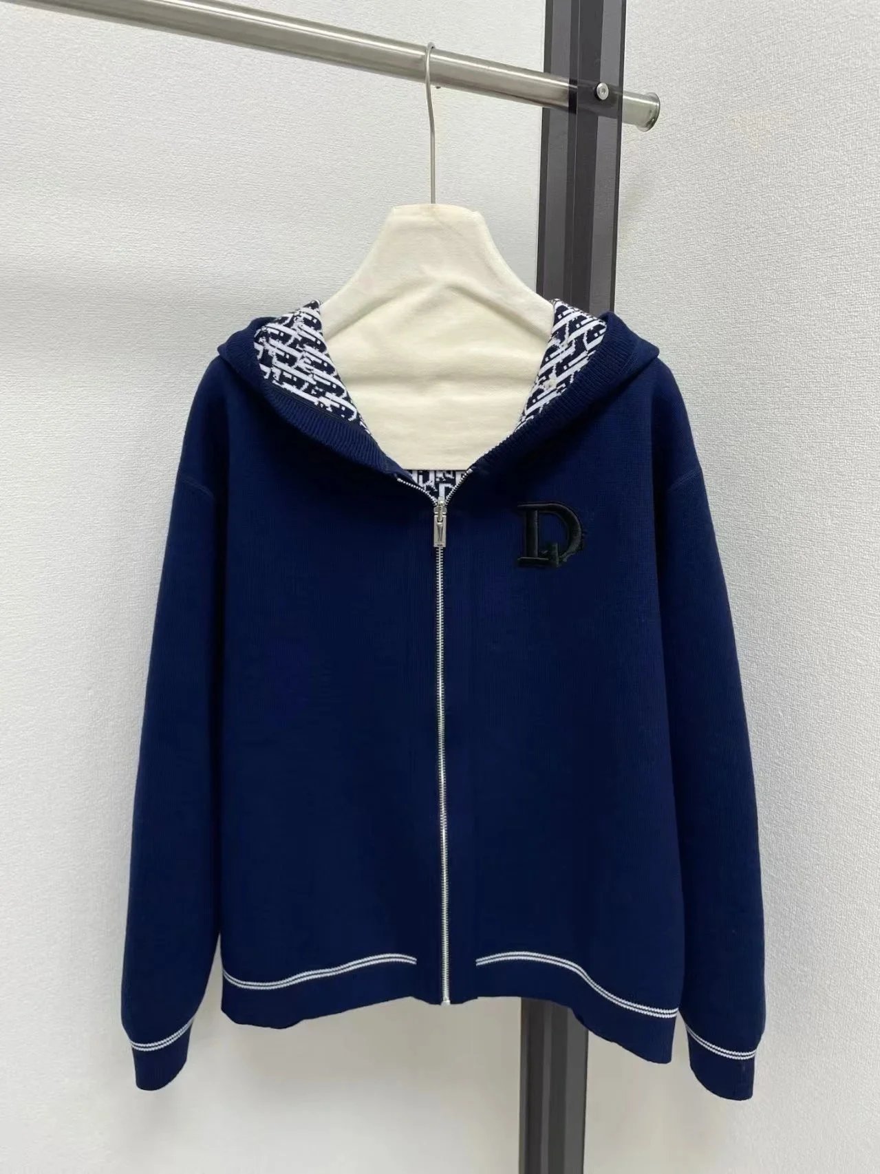 Dior Hoodies & Sweatshirts Reversible zip-up hooded knit sweatshirt with all-over logo pattern — 37