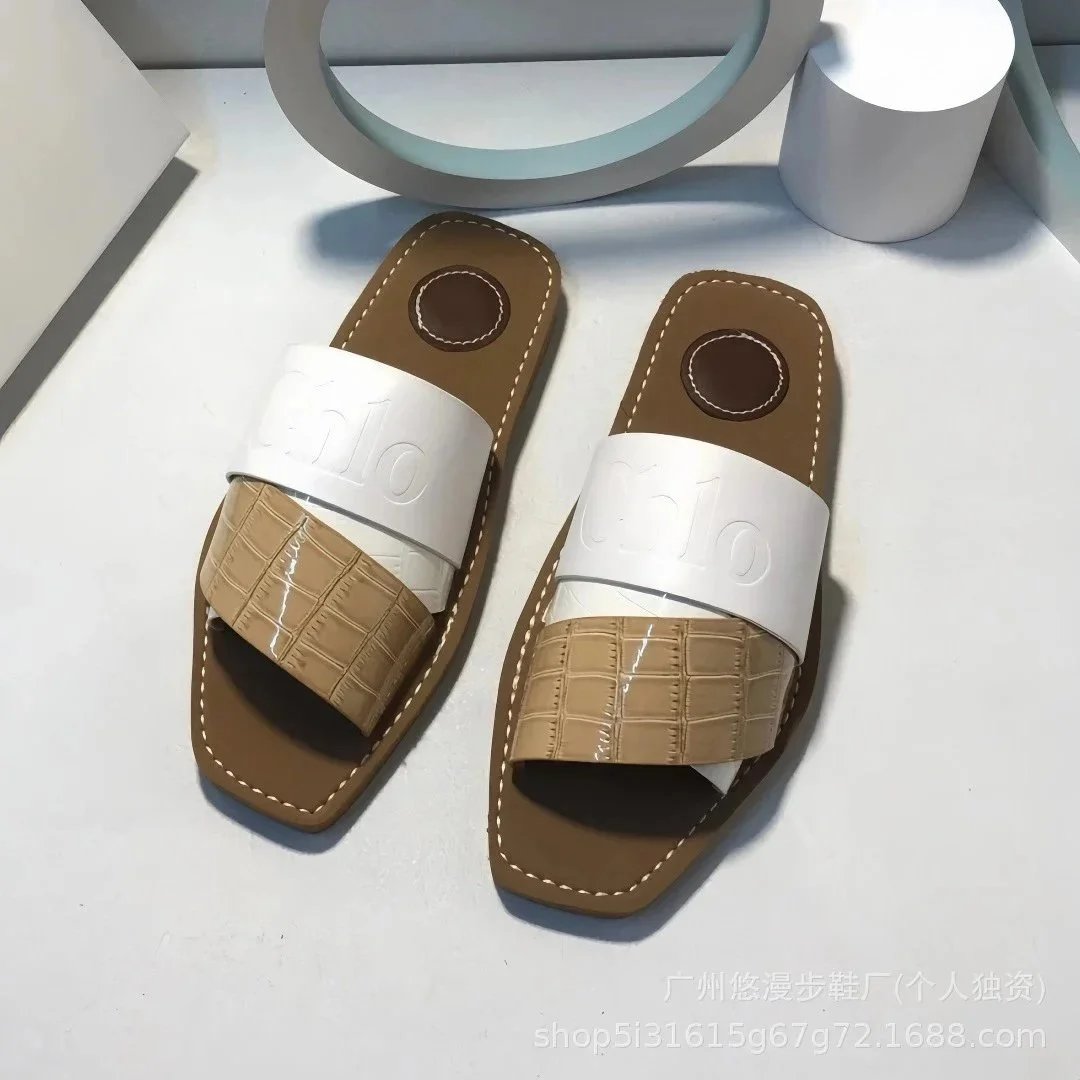 Unbranded Sandals Square-Toe Double-Strap Slide — Skin-colored with khaki patchwork