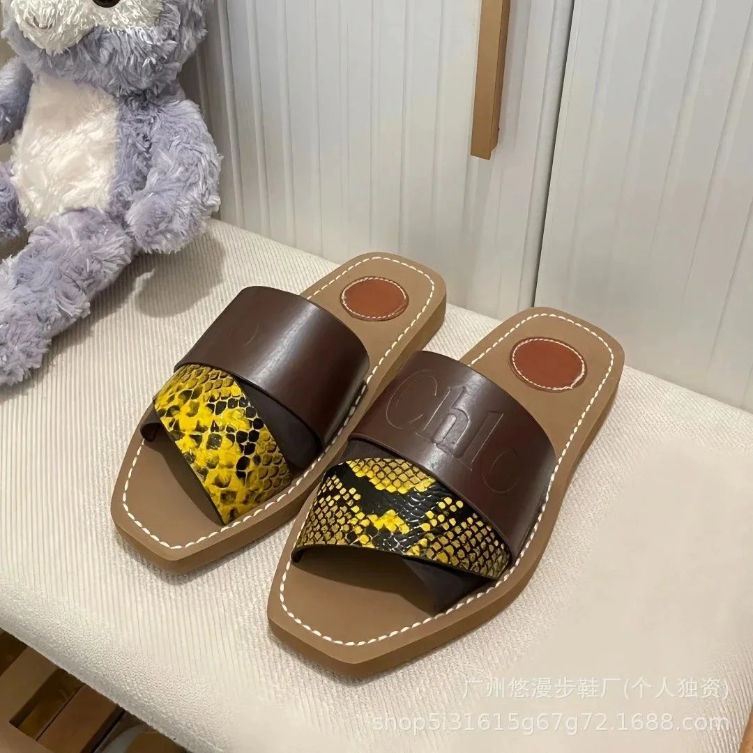 Unbranded Sandals Square-Toe Double-Strap Slide — Brown leather surface