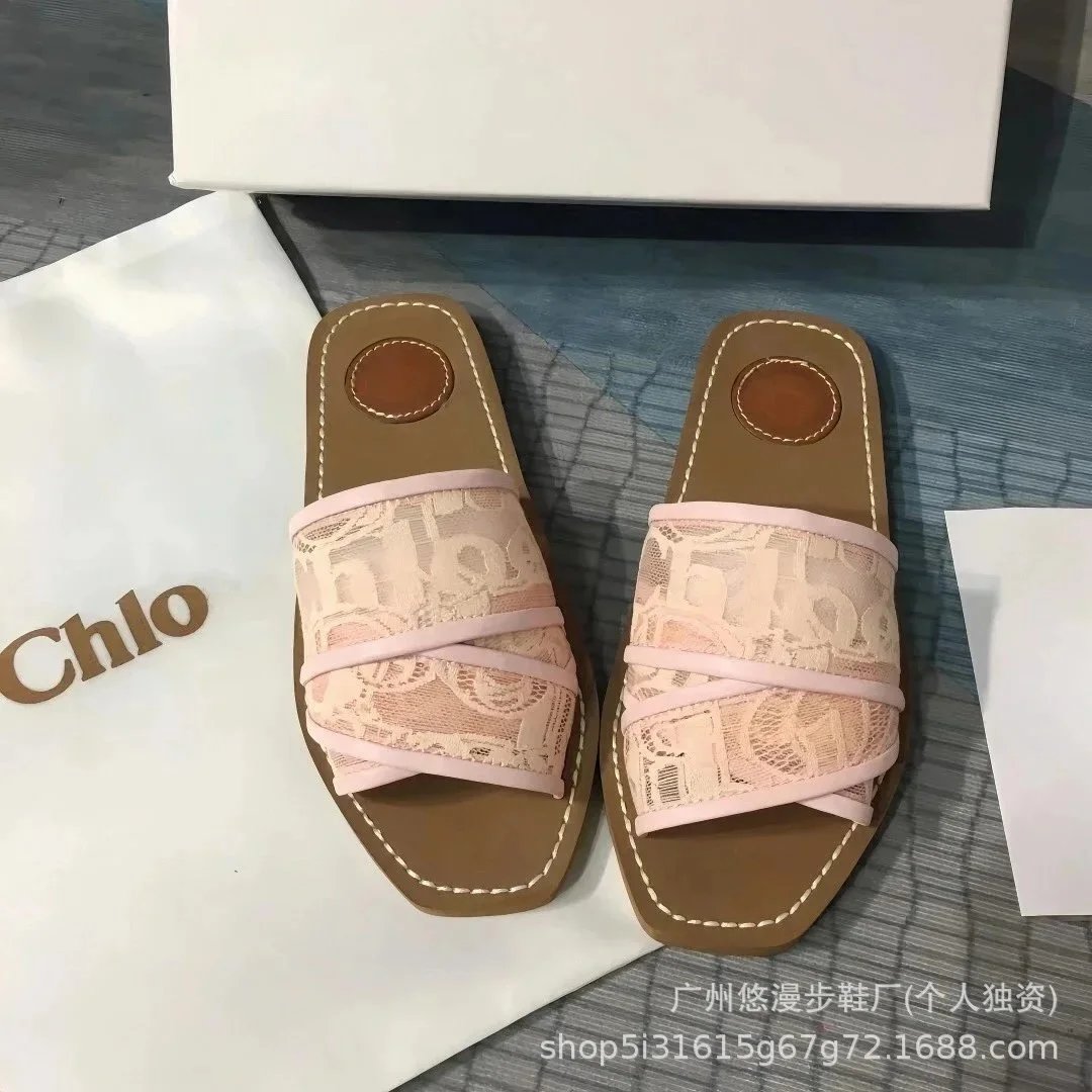 Unbranded Sandals Square-Toe Double-Strap Slide — Lace powder