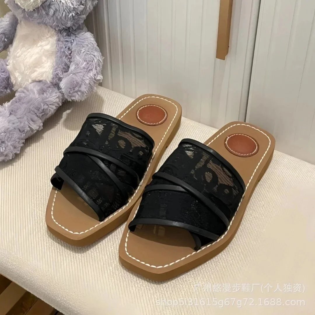 Unbranded Sandals Square-Toe Double-Strap Slide — Lace black