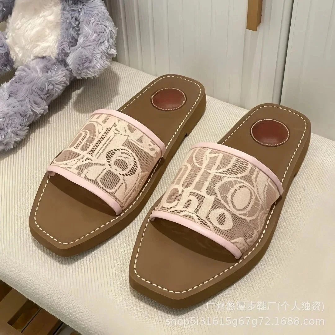 Unbranded Sandals Square-Toe Double-Strap Slide — One-character lace powder