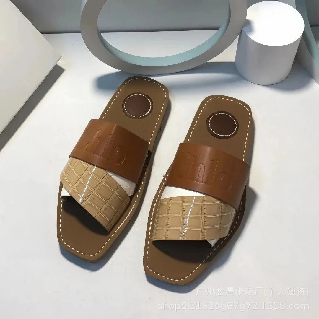 Unbranded Sandals Square-Toe Double-Strap Slide — Light brown leather surface