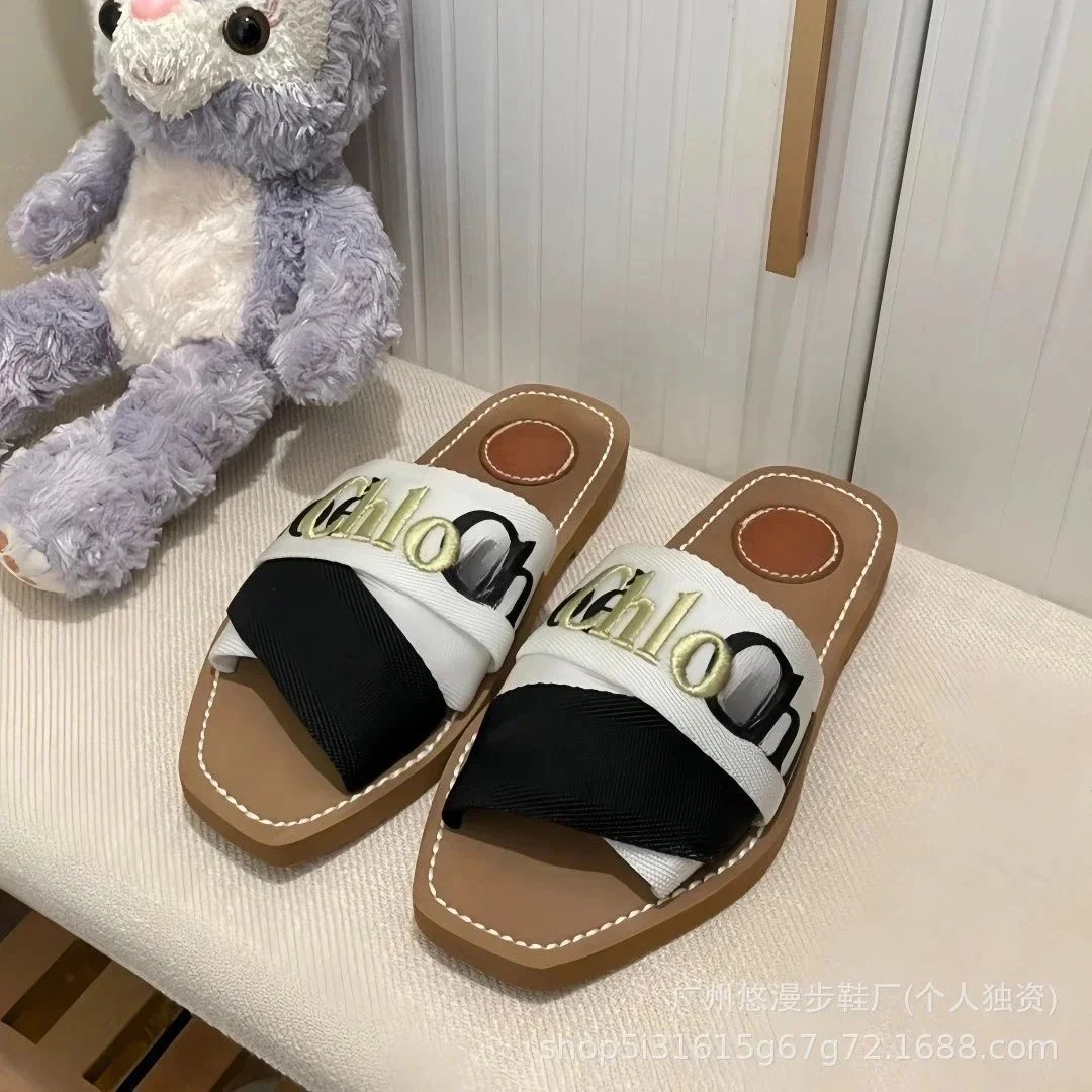 Unbranded Sandals Square-Toe Double-Strap Slide — embroidery black and white