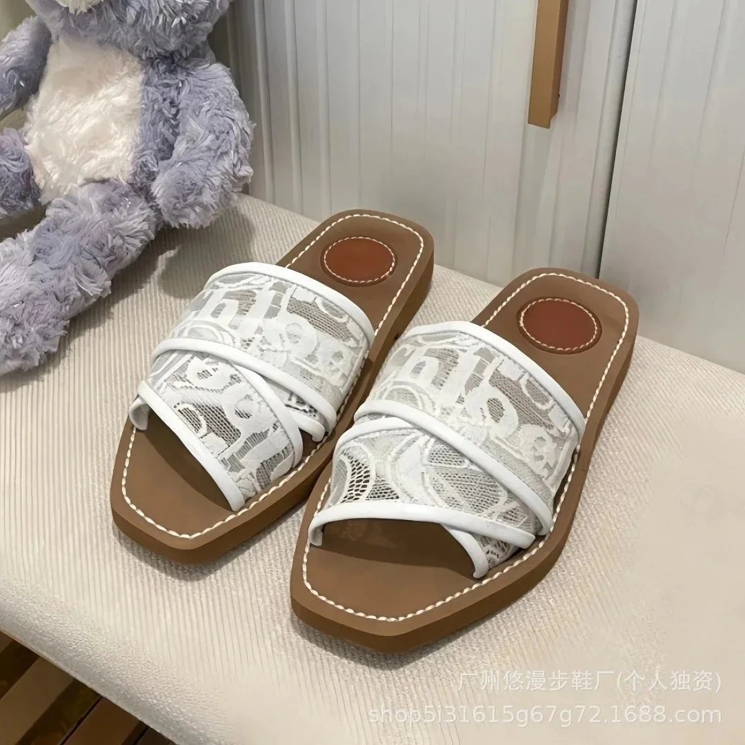Unbranded Sandals Square-Toe Double-Strap Slide — Lace white