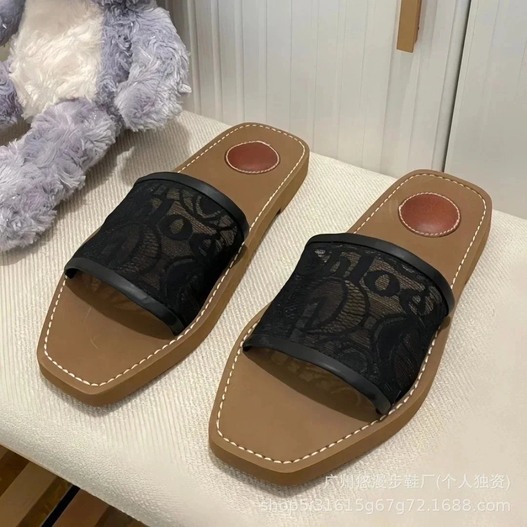 Unbranded Sandals Square-Toe Double-Strap Slide — One-word lace black